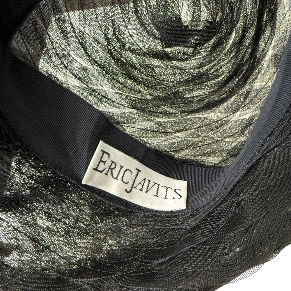 Vintage Eric Javits Black Mesh Birdcage Veil Hat with Cream Flower and Pom-Poms - Picture 2 of 8